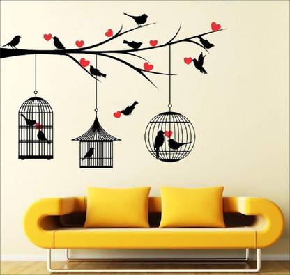 UNIQUE DECALS 100 cm decorative loveing hearts tree birds with cages multicolour wall sticker for home décor Self Adhesive Sticker