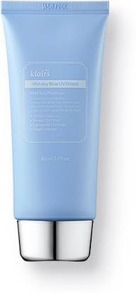 klairs Sunscreen - SPF 50 PA+++ Mid Day Blue UV Shield is a hypoallergenic, lightweight and hydrating physical sunscreen with SPF 50, 80ml - All Skin Types