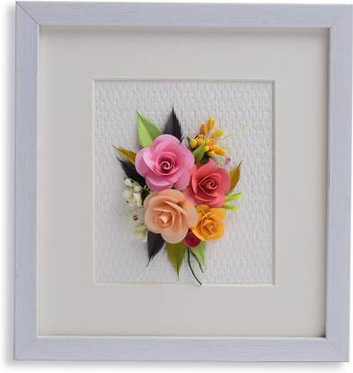 Swapnil Arts Wall Decor/Table Decor Frame- Paper Quilling Rose Floral Design Size- 9" X 8.5" X 1" (with Easel Stand)