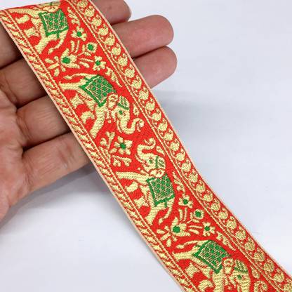 Lami Red Elephant Design Saree Lace,Elephant Design Banarasi Saree Border Lace,Designer Saree Border, Bridal Lehenga Lace, Ribbon, Dupatta Lace, Anarkali Lace, Indian Trimmings Lace Reel