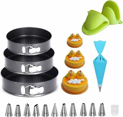 Tranquil Impex Combo Cake Making Material, 3pc Cake Springform, 12c Icing Tips, 1pc Icing Bag, 1 pair of Silicon Hot Pot Holder, Kitchen Tool Set, Cake Baking Combo (Pack of 18) Kitchen Tool Set