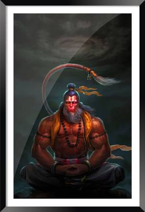 DBrush God Hanumanji Painting Photo Frame With glass For Living room Home Office Digital Reprint 18 inch x 12 inch Painting