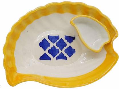 HFC BHARAT HFC present handcrafted ceramic Serving Tray and Dip Bowl for Snacks Ceramic with Chutney Bowl Attached. Tray Serving Set
