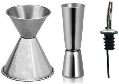 Anne-kee Stainless Steel Combo Set Jigger 1 PCs 30/60 ML Bidding Peg Measure 1 PCs 30/60 ML Peg Measure and 1 PCs Pourer Wine Whisky Measurement and Liquor Pourer Bar And Home Tool Set 3 - Piece Bar Set