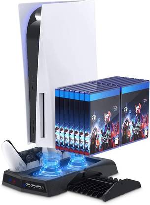 NEW WORLD PS5 Vertical Stand for Playstation 5 with Cooling Fan Cooling Stand Controller Charging Station for PS5 Digital Edition/Ultra HD Console with 14 Game Disc Rack Storage Charging Station