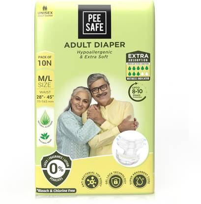 Pee Safe Adult Diaper | Medium - Large | Waist Size 71-114 cm (28"-45") | High Absorbency 10 Pcs Adult Diapers - M