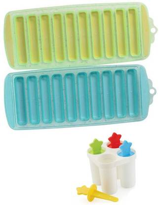 FAAS Easy Pop Out Flexible Silicone Long Stick Shaped/Candy Stick/Kitkat Mould Ice Cube Tray for Refrigerators (Random Color, Set of 2+ 4 Stick Ice Cream Maker Multicolor Plastic Ice Cube Tray