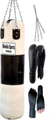Monika Sports 3 Feet Unfilled Punching Bag With Hanging chain + Pair of Boxing Gloves + Pair of Boxing Handwrap Boxing Kit