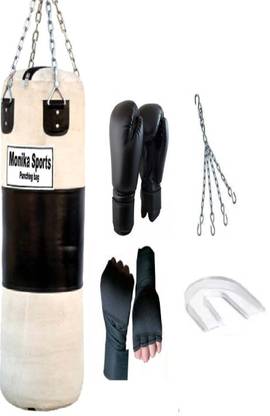Monika Sports 3 Feet Unfilled Canvas Material Punching Bag With Hanging Chain + Pair of Boxing gloves + Pair of Boxing Handwrap + 1 Mouth Guard For Boxing Boxing Kit