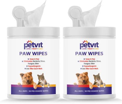 Petvit Nose And Paw Wipes For Eliminates Bacteria, Virus, Fungus, Odor - Fragrance Less 50 Wipes |For All Age Group | Pack of 2 Pet Ear Eye Wipes