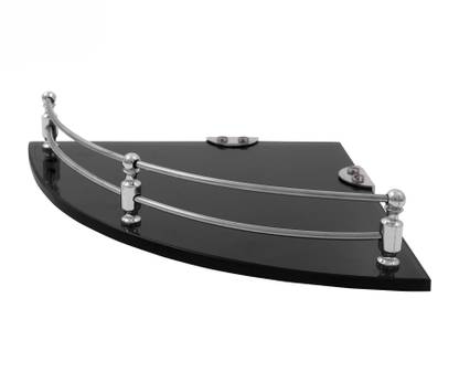 Kaaple Black Glass Corner Shelf/Bathroom Shelf/Kitchen Shelf Bathroom Accessories - 7.5x7.5 Inch Black -Round (Transparent) Pack of 1Pcs Glass, Stainless Steel Wall Shelf (Number of Shelves - 1, Black) Glass Wall Shelf