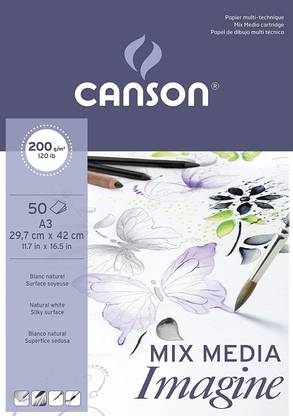 Canson Imagine A3 Pure White Light Grain 200 GSM Drawing Paper, Short Side Glued Sketch Pad