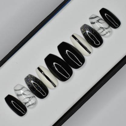 The NailzStation Glossy Black Marble Glitter Press on Nails Set in Coffin Black