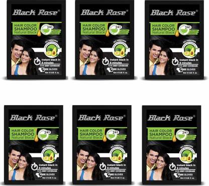 black rose Hair Color Shampoo Natural Black with Free Gloves (Pack of 6) , Natural Black
