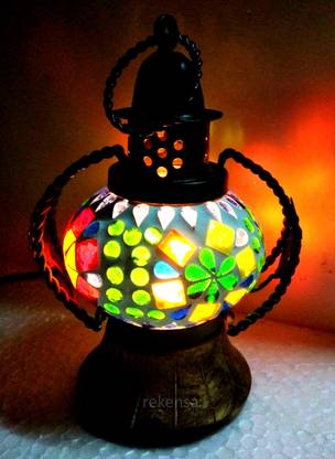 REKENSA Multicolor Glass, Iron, Wooden Hanging Lantern
