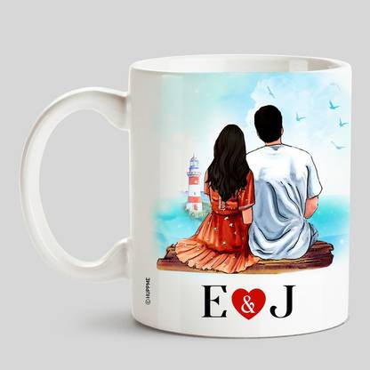 HUPPME Couple Name Initials E & J White Ceramic Coffee Ceramic Coffee Mug