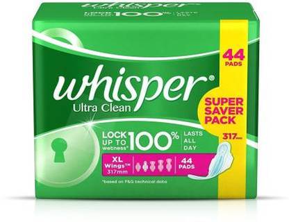 Whisper Ultra Clean Sanitary Pads - 44 Pads XL Wings Super Saver Pack Sanitary Pad Sanitary Pad
