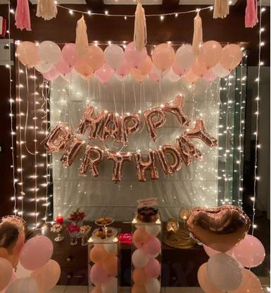 Bash N Splash Solid Princess Rose Gold Happy Birthday Party Decoration Pack with Heart Balloon and 50 latex balloon with light (Pack of 66) Balloon