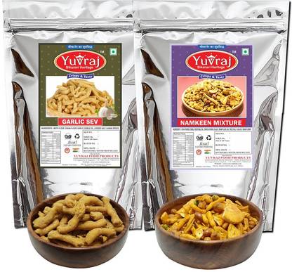 Yuvraj Food Product Garlic bhujiya ( Lashun sev ) & namkeen mixture bikaneri hande made snacks combo pack of 2 (350 gm x 2 )