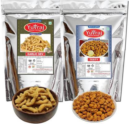 Yuvraj Food Product Garlic bhujiya ( Lashun sev ) & Sing bhujiya Testy bikaneri hande made snacks combo pack of 2