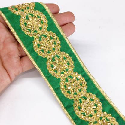 Lami Green Diamond Design Saree Lace, with Golden Jari / Zari Broder, Diamond Work, Design Saree Border Lace, Bridal Lehenga Lace, Ribbon, Dupatta Lace, Indian Trimmings, Fancy Ribbons Lace Reel