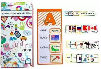 Quick A Tradiational game Name Place Animal Thing, Learn different names alphabetically,countries flags,animals, things - Alphabet Board Size 10 cm by 22 cm & Card Size (4 cm X 3 cm)