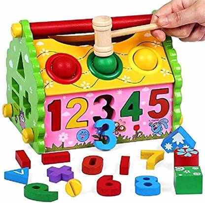 RVM Toys 6 in 1 Wooden Shape Sorter Progress Sorting Toys With Colors Number Block Fun Math Includes Time Telling Clock with Bench Ball and Hammer Toy for Kids Toddlers and Kids
