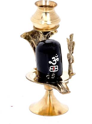 Shiv Black Shiva Lingam & Brass Abhishek Patra with Trishul and Nag for Pooja Room | Shivling Showpiece Statue | Car Dashboard Murti (Brass Argha Stand with Kalash for Shivling) Decorative Showpiece  -  12 cm