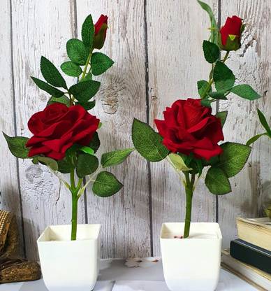 Flipkart SmartBuy Set of 2 Rose Plant Red Rose Artificial Flower with Pot
