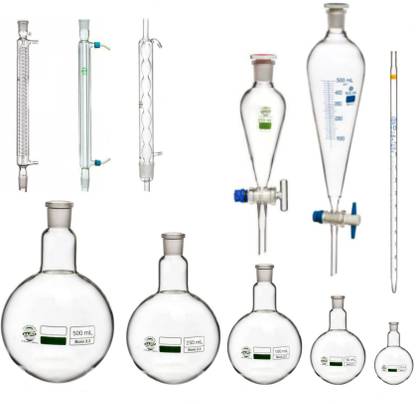 RAJAS Mixed Glassware Set of 11 Pieces, Includes 5 Round Bottom Flask - 25 ml, 50 ml, 100 ml, 250 ml, 500 ml / 3 Condensers (Coiled, Liebig, Allihn Condenser) - 300mm Jacket Length) / 2 Separating Funnels (Squibb Shape) - 250 ml, 500 ml / 1 Graduated Pipette - 10 ml Buret