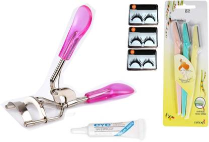 NKV'S EYE MAKEUP COMBO SET 3 EYELESS + 1 EYE CURLER + 3PC SET EYE BROW RAZOR +1 EYE GLUE
