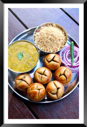 DBrush Dal Bati Churma Rajasthani Food Photo Frame With Glass For Restaurant and Hotel Décor Digital Reprint 18 inch x 12 inch Painting