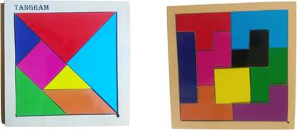 Ashmi Wooden Combo Intelligence Interlocking With 9 Pics & Tangram With 7 Pics Puzzle Square I.Q. Development Game Brain Teaser Intelligent Blocks Educational Toy Good Gift for Kids Age 3+