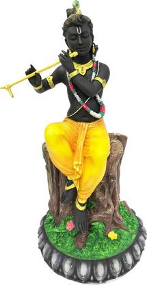 Sri Krishna Culture New Big Krishna Sitting On Tree Trunk Playing Flute-Multicoloured,- s,God Idols/Statue/Figuirnes,Material-Polyresin & Marble, Decorative Showpiece  -  50.8 cm
