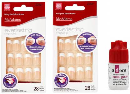 McAdams Reusable Artificial Biege French Nails in Regular Length with Glue White Biege, Deep Peach