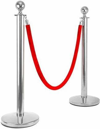 DARIT Queue Manager VIP Stanchion with 1.5m Red Velvet Rope Stainless Steel Set of 2 Posts - Ball Round Top Crowd Control Queue Pole Barrier, Red Carpet Party, Line Dividers Decoration (SILVER) Emergency Sign