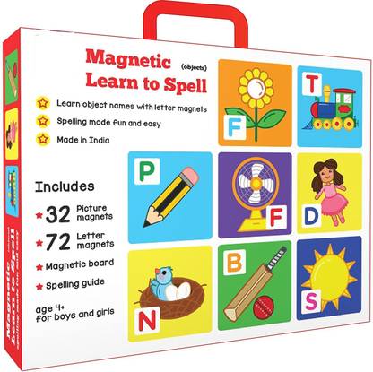 PEZYOX Learn to Spell : Objects with 32 Picture Magnets, 72 Letter Magnets, Magnetic Board and Spelling Guide