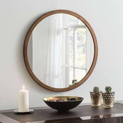 Antique Mirror Wall Mount with Engineered Wood Frame Round Frameless Mirror (Light Brown, 60cm) Decorative Mirror
