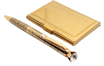 Ledos Ledos Trophy Gold Plated Ballpoint Pen Clear Crystal Diamond On Top Etching Work Done On Body With Golden ATM Card Holder Pen Gift Set