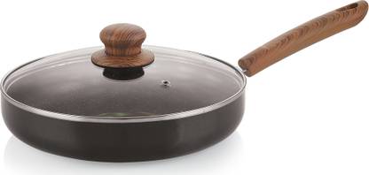 NIRLON Smoky Wood Non Induction Nonstick Aluminium Fry Pan with Glass Lid Fry Pan 27 cm diameter with Lid 1.9 L capacity