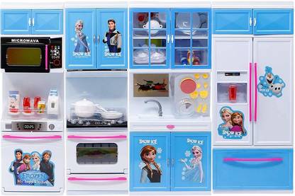 THE CAPACIOUS Frozen Kitchen Set World Dream House Modern Kitchen Set Modular Kitchen Play Set with Light and Sound Cooking Range Unit Refrigerator Kitchen Toy Set for Girls, Openable Doors, (Multi Color)