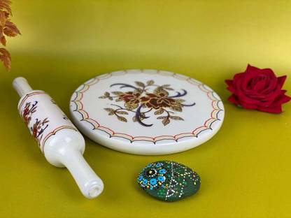 Indian Design Handicrafts PRINTED Design Handicrafts Marble Chakla Belan set / Roti Maker /Rolling Pin and Marble Board Rolling Pin & Board