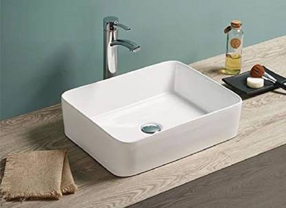 KUDOS Table Top Rectangle Shape Glossy Finish Counter Top Tabletop Super Ceramic Bathroom Sink Wash Basin (White, 19 x 15 Inch) Table Top Basin