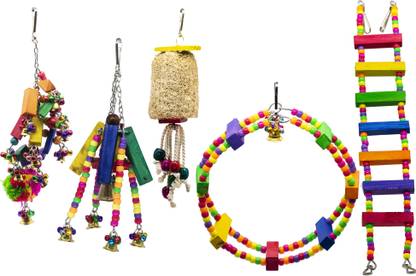 GREENBIRDS TOYS Combo #25 Of Colorful Wooden Bird Ladder & Ferris Wheel With 3 Beautiful Colorful Hanging Colorful Natural Wood Parrot Toys Cage Accessories Resting Toy Wooden Training Aid For Bird & Bird Wooden Chew Toy, Training Aid, Perch For Bird Bird Play Stand