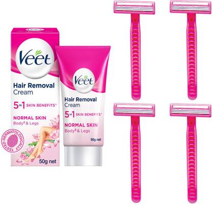 Veet Hair Removal Cream 5 in 1 Skin Benefits Normal Skin Body & Legs 50g + Alki Musk Silk 4 Razor
