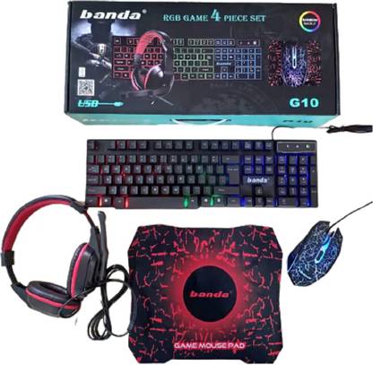 Tech Aura Banda g10 RGB Rainbow Backlit Gaming Keyboard and Mouse Combo, LED PC Gaming Headset with Microphone, Large Mouse Pad, Small Compact 87 Keys USB Wired Keyboard for Computer Gamer Office Combo Set