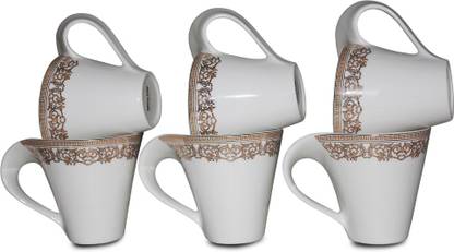 White Gold Pottery WHITE GOLD Porcelain Tea Cups/Coffee Mugs with Real Royal Gold Design (Set of 6 Mugs) WG-2706-7073G