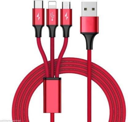 THE MOBILE POINT Power Sharing Cable 3 A 1.2 m 3 in 1 Multi USB Charging Nylon Braided Fast Multi Charger Cable for Micro USB, iOS and Type-C Devices