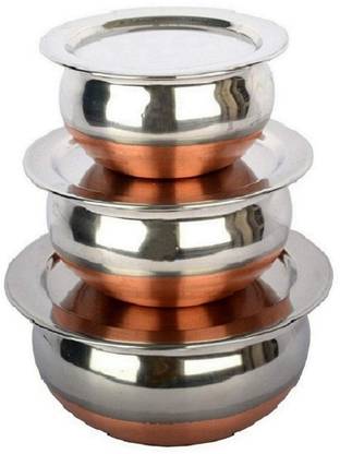 RBGIIT Stainless Steel Copper Bottom Cookware Set | Container | Tope | Patila | Tapeli | Handi | Kitchen Cooking and Serving Bowl | Dining Set | Pot Sets | Cooking Serving Biryani | Punjabi Pot Pan Combo Handi |Chiken Fish And Rice Boil | Stainless Steel Copper Base Gas Compatible Handi Set | Prabhu Chetty, Curved Copper Plate at Bottom, Best Quality Stainless Steel Copper Bottom 5 Pic Handi Pot Set, Brown & Steel, Perfect Copper Handi Set for Everyday Use Whether you want to cook a delicious serving of your favourite sabzi or heat leftover curries from the previous day, the 3 Piecs copper handi set, Prabhu Chetty, Curved Copper Plate at Bottom, Best Quality Stainless Steel Copper Bottom Handi Pot Set, Brown & Steel, 3 Pic Handi Copper Vegetable Bowl ,Cooking Dinner Table Serving Biryani Pot Handi Kadhai , Panikarilikka Steel Handi 3 Pices Sets Handi Tope Set with Lid 2.1 L, 1.8 L, 1.3 L capacity 16 cm diameter