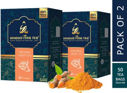 HINDUSVEDA TEA - Turmeric Curcumin Green tea - A golden blend of the finest turmeric and Exotic Green tea | Turmeric Tea for Immunity and Inflammation | No additives Turmeric Green Tea Bags Box